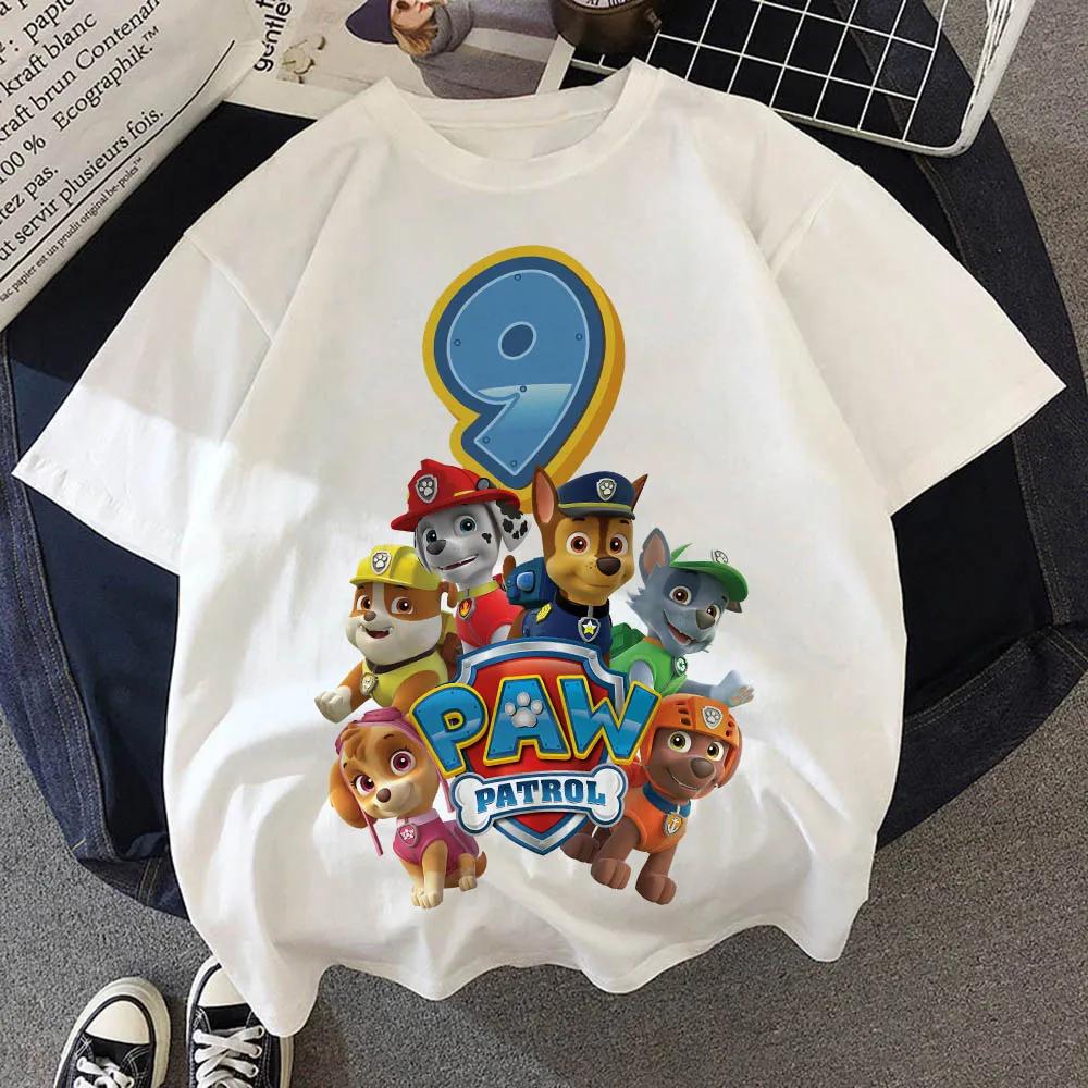 Paw Patrol Birthday Number Tee Shirt Baby Summer Cotton T Shirt Boy Girl Chase Skye Printed Kid Clothes Cartoon Letter Tops Gift