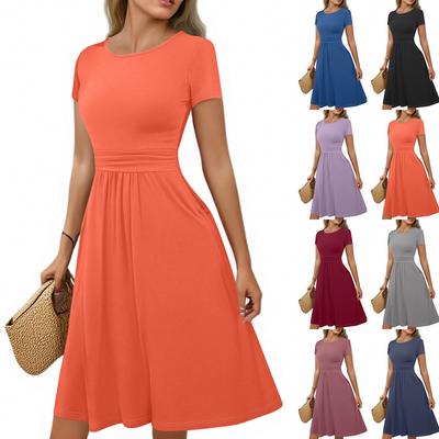 Damen Lässige Mode Rundhals Plissiert Kurzarm Einfarbig A-Linie Midi Kleid