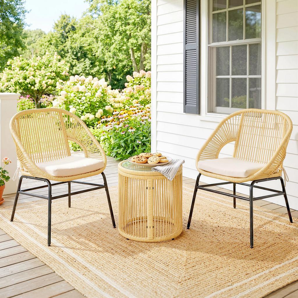 Bistro Balcony Lounge Set, 3-Piece, 2 Armchairs, Tempered Glass Table, Removable Cushions, Beige