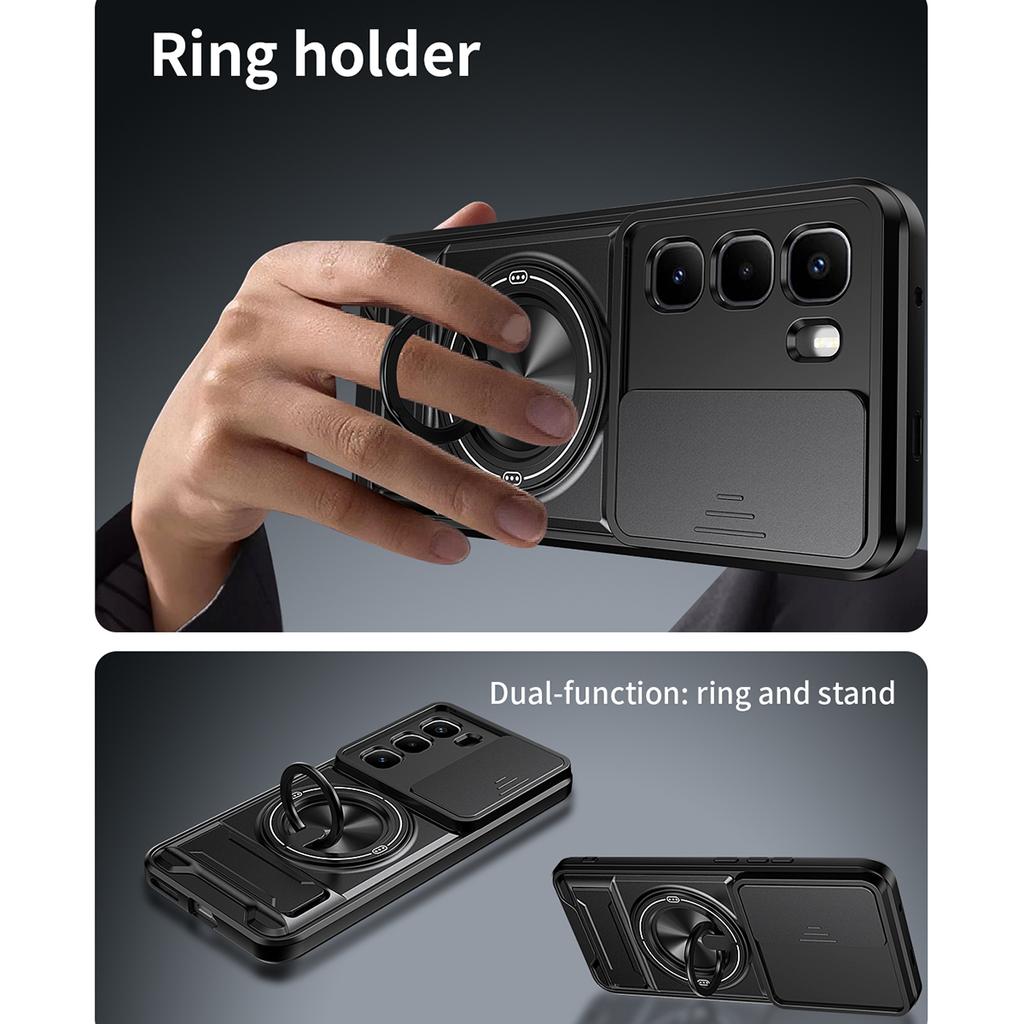 For Infinix Hot 60 Pro+ 4G Magnetic Case Ring Holder Foldable Kickstand TPU PC Phone Cover with Camera Lens Slider