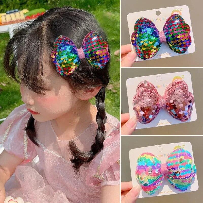 1pc Laser Sequins Bow Hair Clips Girls Children Headdress Bangs Side Duckbill Clip Sweet Cute Hair Styling Accessories Hairbands