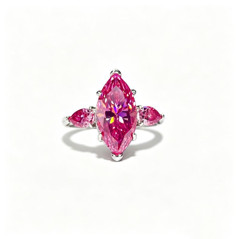 Pink Marquise 6-Carat Moissanite Three-Stone Ring with S925 Silver Inlaid European American Design