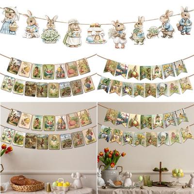 Retro Bunny Easter Banner Chick Printed Hanging Flag Rabbit Spring Bunting Easter Festival Bunting Party