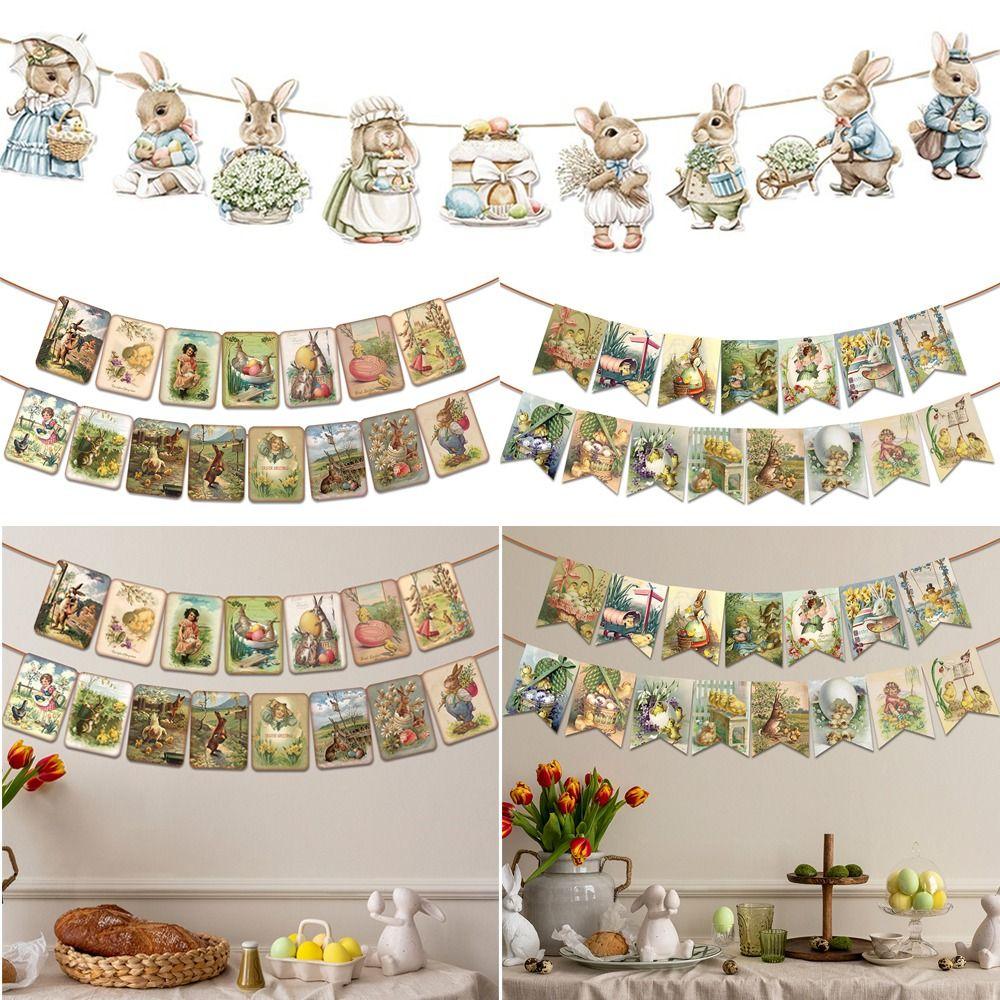 Retro Bunny Easter Banner Chick Printed Hanging Flag Rabbit Spring Bunting Easter Festival Bunting Party