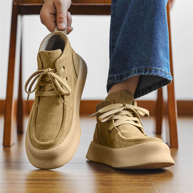 Casual shoes 2026 autumn and winter leather thick soled high top shoes for men with plush lace up workwear shoes