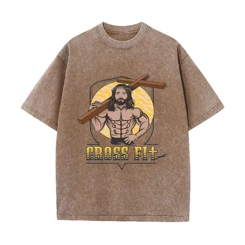 Asian Size Vintage Washed T Shirt Muscular Jesus Cross Fit Graphic Oversized Gym Christian Streetwear Short Sleeve Tee