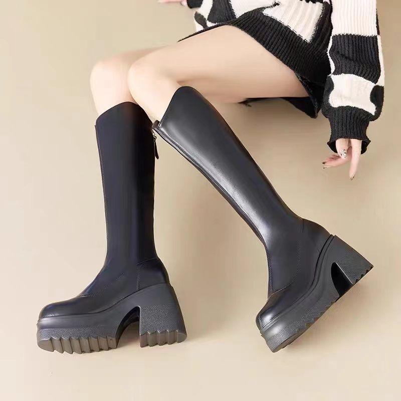 But Knee Knight Boots 2025 Autumn and Winter New Thick Heel Thick Sole Solid Color Small Super High Heel Height Increase High Boots