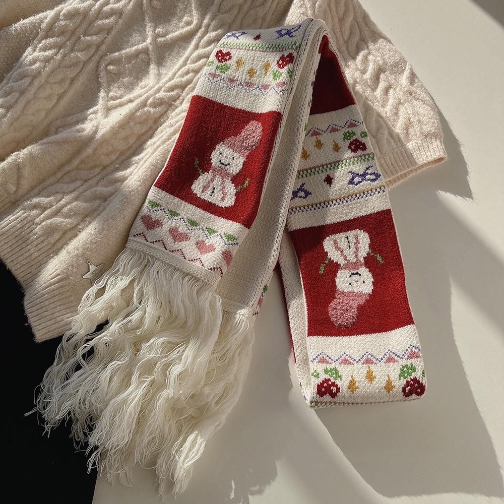 

Женский праздничный вязаный шарф со снеговиком - Теплая двухслойная шерсть с кисточками 190x10cm