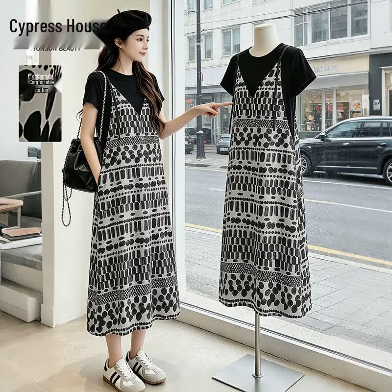Women s Faux Two-Piece Patchwork Midi Dress 2XL