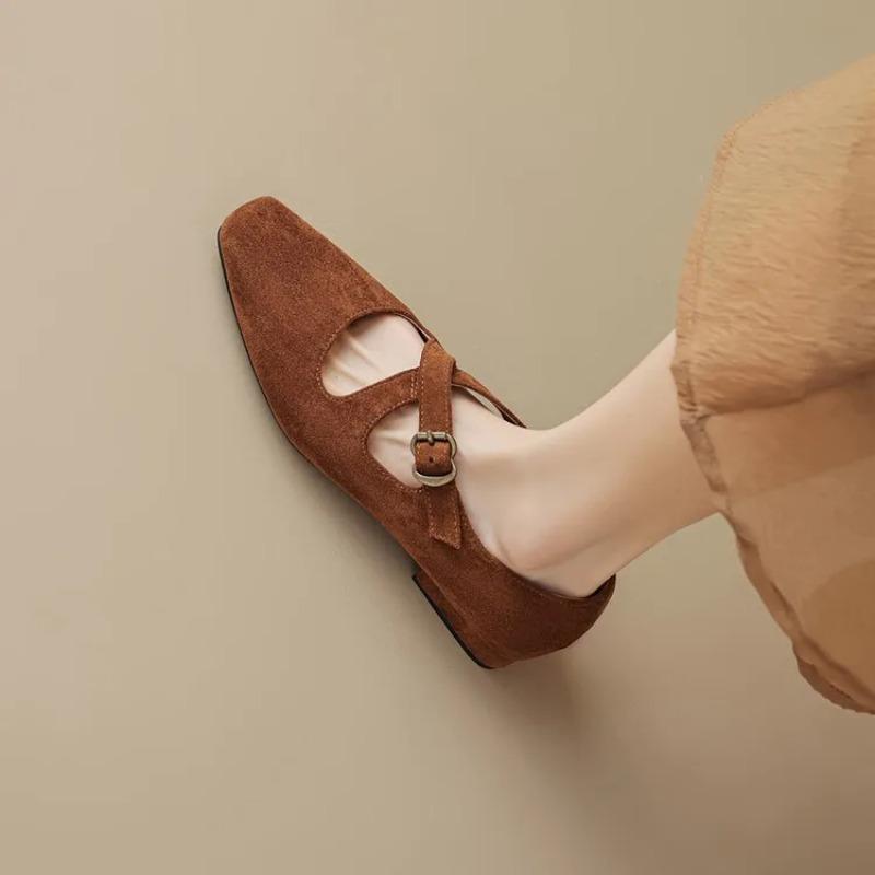 Neue minimalistische Retro-Ballerinas mit niedrigem Absatz und runder Zehenpartie für Damen, mit Gürtelschnalle, einfarbig, atmungsaktiv, Mary Jane Einzelschuhe Größe 35-43