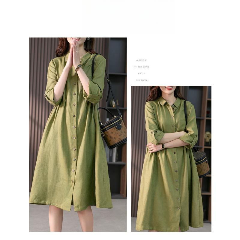 Elegant Linen Shirtdress Design for A Slim Solid Color Dress for Spring and Fall