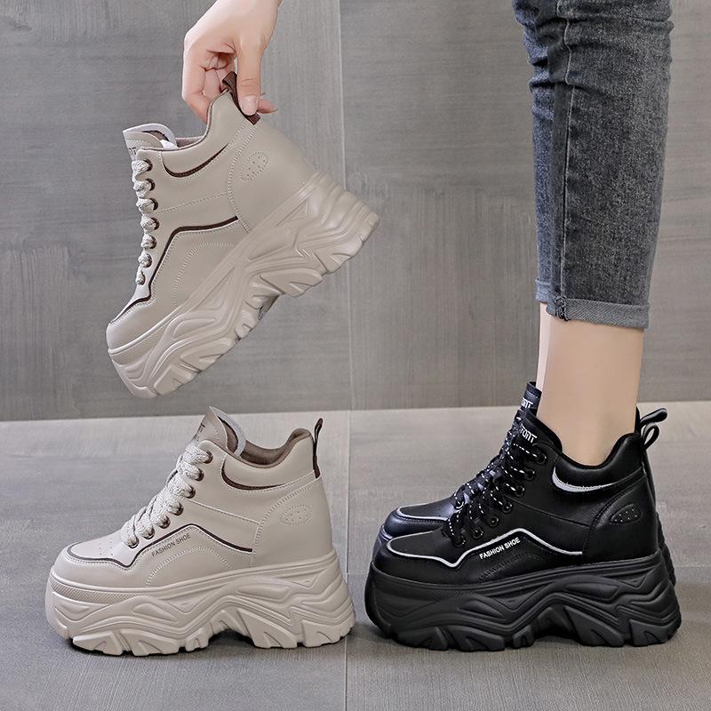 Новые модные 8 см натуральная кожа высокие женские туфли на платформе танкетке ботильоны — фото 3