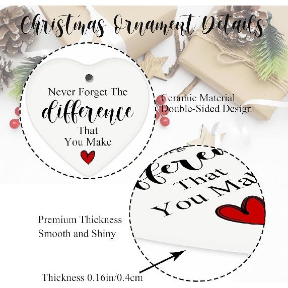 Never Forget The Difference You Make Ornament, 2.7 Inch Heart Shaped Ceramic Hanging Sign with pirational Quote, Appreciation Gift for Teachers,