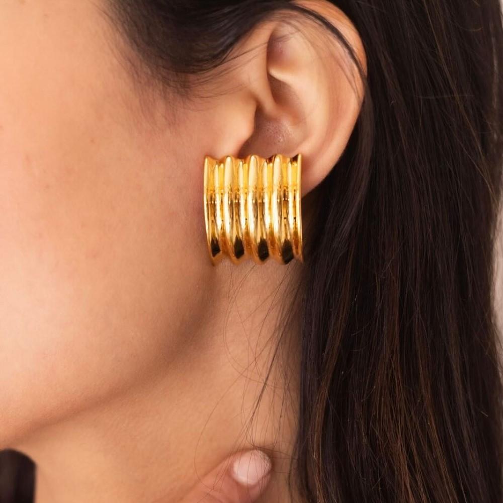 Stainless Steel Striped Texture Chunky C Shape Stud Earrings For Women PVD 18K Gold Plated Waterproof Earring Glossy Zircon