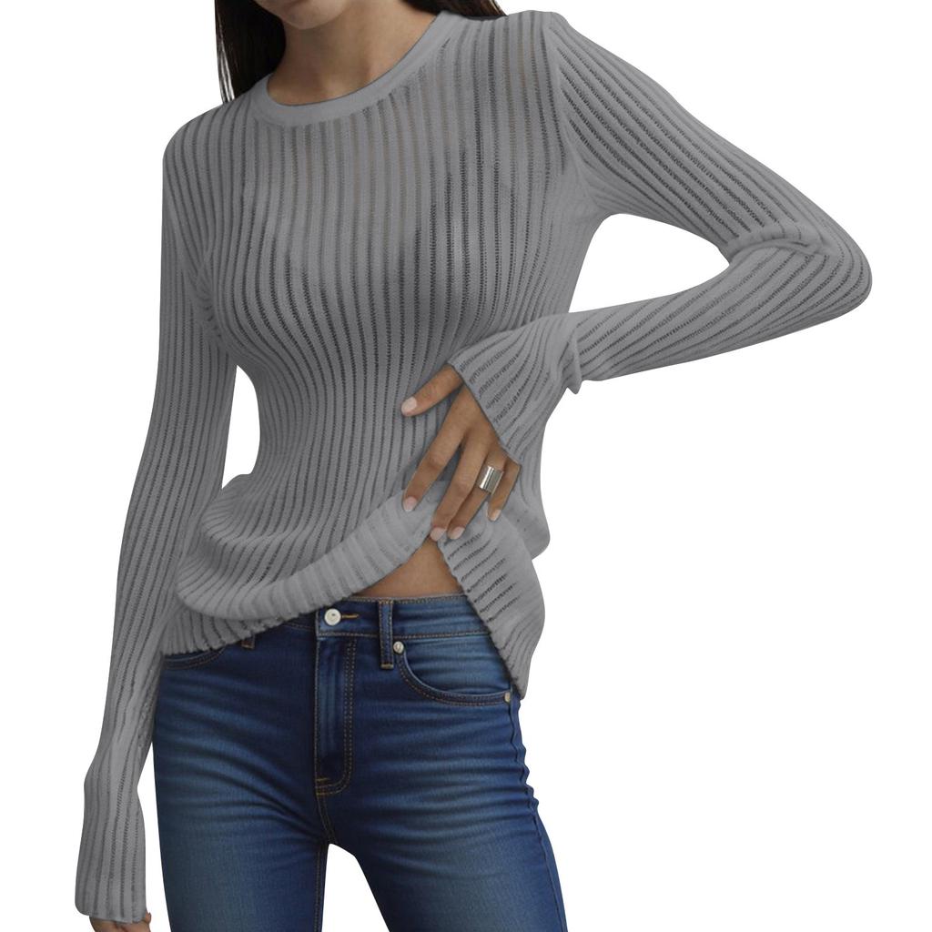 Damen Casual Mode Langarm Rundhals Atmungsaktives Pullover-Top