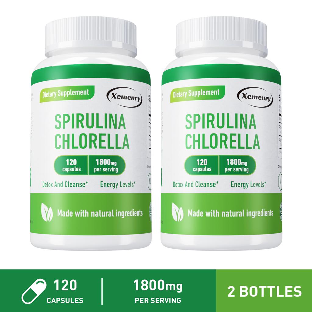 XEMENRY Spirulina Chlorella 1800mg 120 Capsules — Green Superfood, Nutritional Support, Daily Wellness