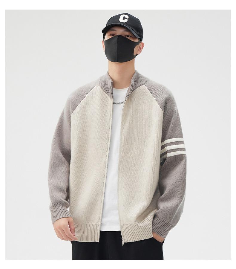 2025 Men's Stand Collar Color Block Cardigan: Trendy Wool Jacket for Spring, Autumn, Winter