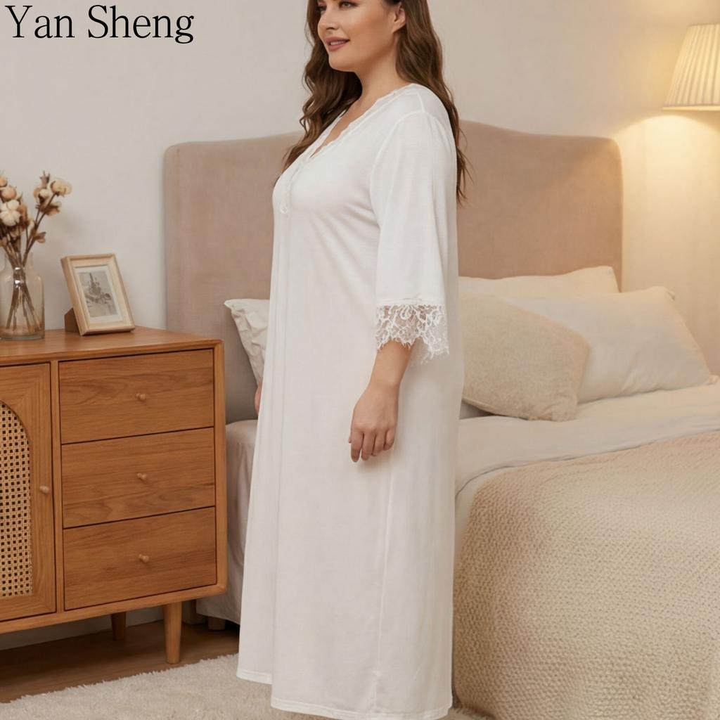 Plus Size Solid Color Lace Half Sleeve Nightgown Loose Home Dress Sexy Simple Women Pajamas for Spring Summer