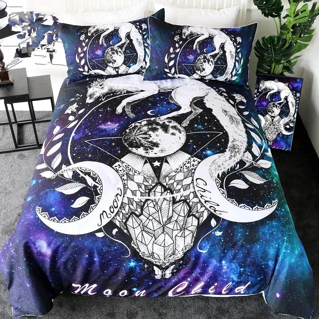 Moon Child Black Cold Art Moon Fox Duvet Cover Set Moon and Stars Bedding Set Black and White Fox Comforter Cover for Girl Boy