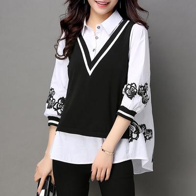 Frühling Koreanische Lose Gefälschte Zwei Stück Frauen Casual Shirts Übergroße Patchwork Bluse
