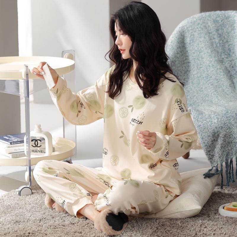 Women's Cute Simple Style Long Sleeve & Pants Imitation Cotton Pajama Set for Spring and Autumn