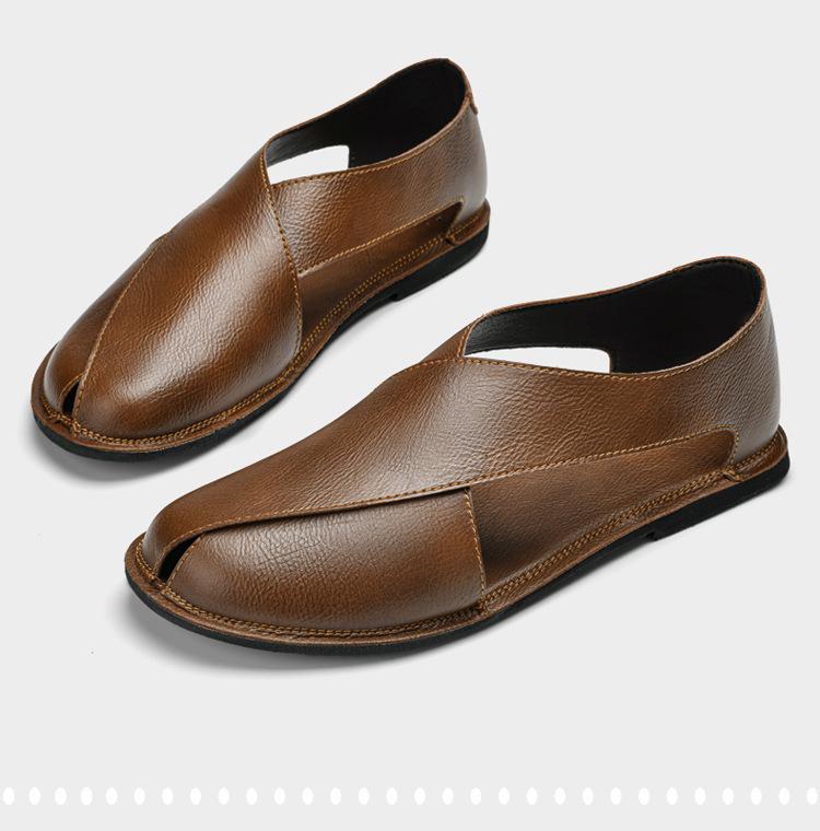 Men's Summer Closed-Toe Cross-Strap Cowhide Sandals - Breathable Non-Slip Roman Beach Shoes