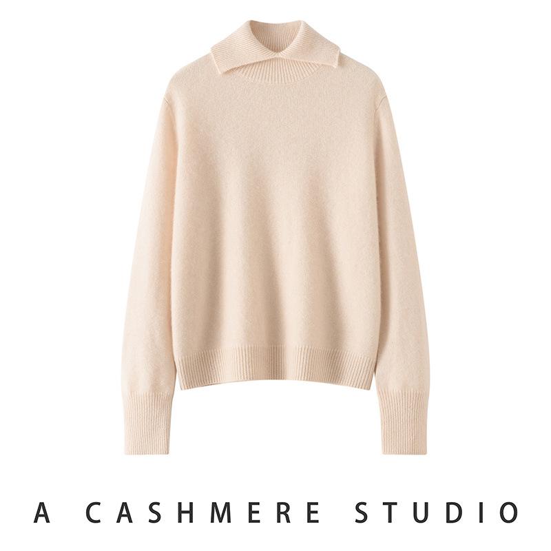 Lekasha Women's Loose High Neck Cashmere Knit Sweater with Lapel Design