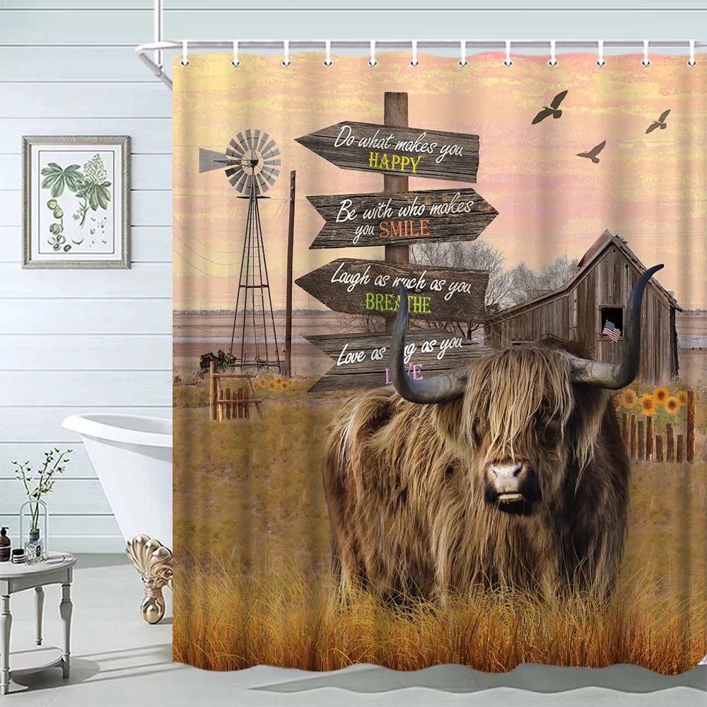 Funny Highland Bull Shower Curtains Set Western Bull Portrait Brown Wood Panel Rustic Landscape Barn Bath Curtain Bathroom Decor