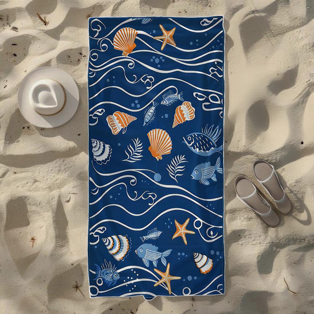 Coastal Seashell & Marine Life Pattern Beach Towel, Soft Durable Quick-Drying, Ideal For Summer Beach, Swimming & Camping