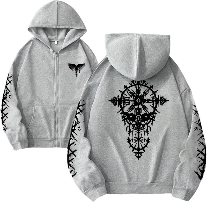 2026 New Arrival Women's Zipper Hoodie Ancient Viking Raven Print Sweatshirt Autumn Winter Casual Fashion Warm Hooded Coats