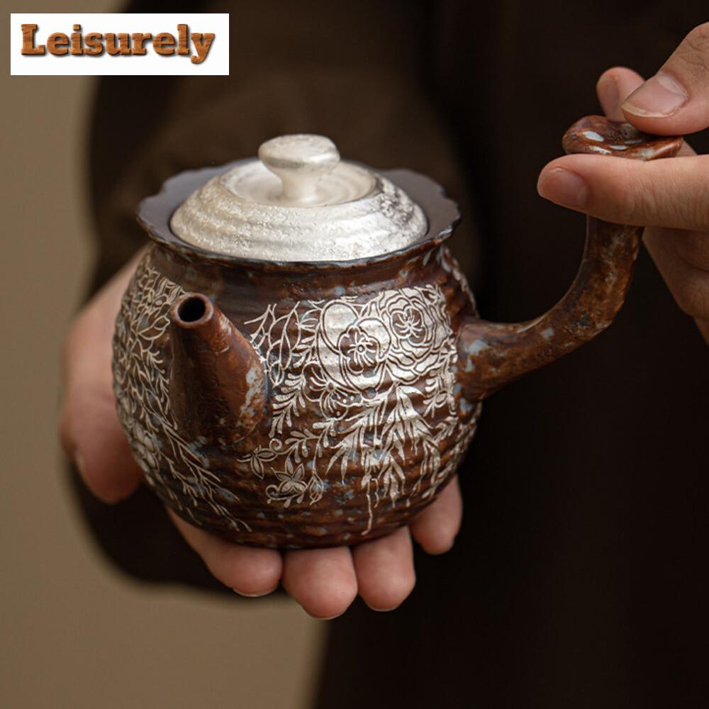 180ml Retro Alter Fels Schlamm Blume Teekanne Vergoldeter Silber Seitengriff Kanne Grobkeramik Aufgüsse Teekessel Kung Fu Tee-Set Handwerk