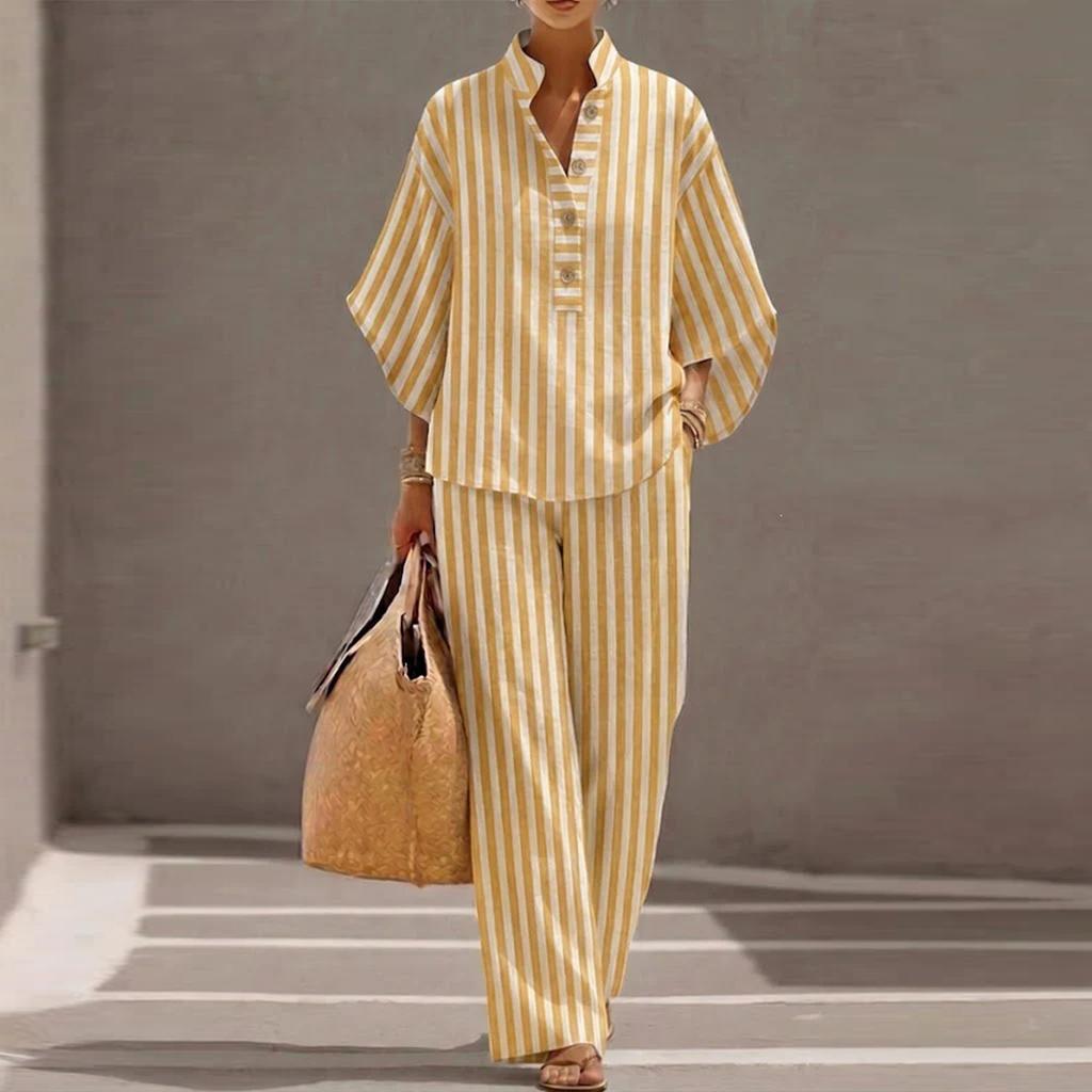 Women Loose Fit Casual Striped Linen Two Piece Set Shirt and Pants Comfortable Relaxed Fit Lightweight Summer Outfit