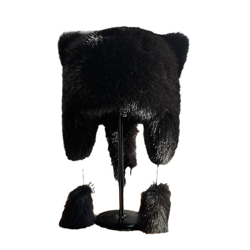 Women's Winter Fluffy Lei Feng Hat with Raccoon Tail and Faux Fur Ear Flaps