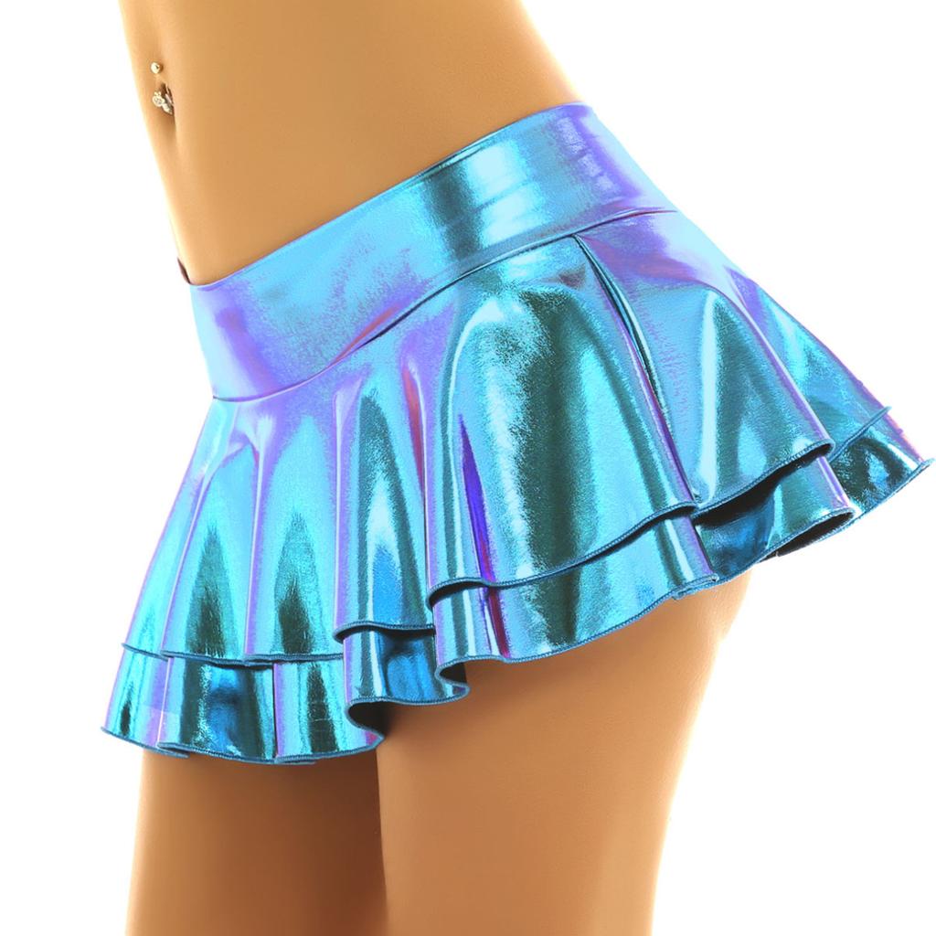 Glänzende Metallic-Low-Rise-Miniröcke für Damen mit Rüschen und Falten, Rave-Party, Clubwear