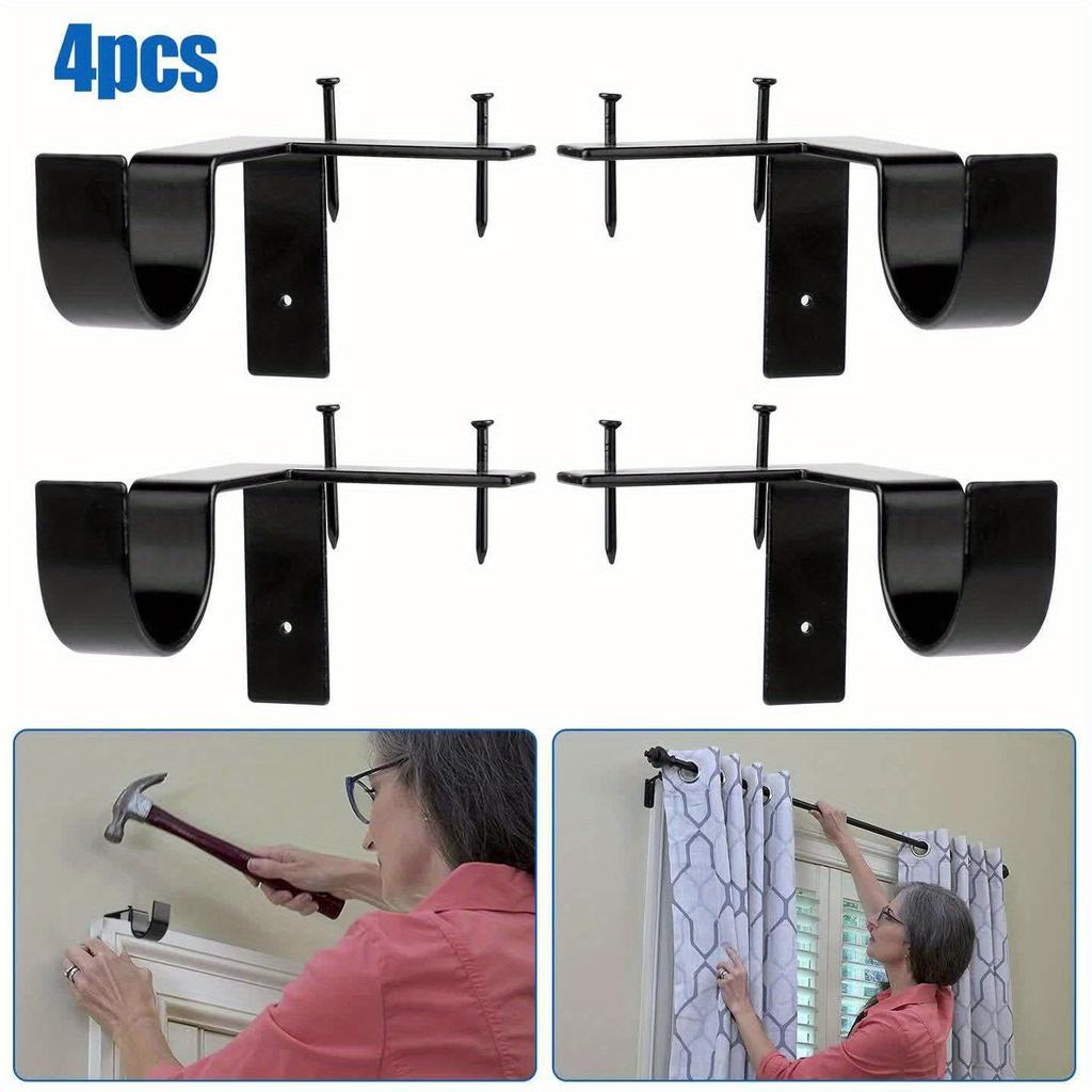 4pcs No-Drill Curtain Rod Bracket, Adjustable Curtain Rod Holder with Easy Installation, Heavy-Duty Window Curtain Support with Wall-Mounted Design