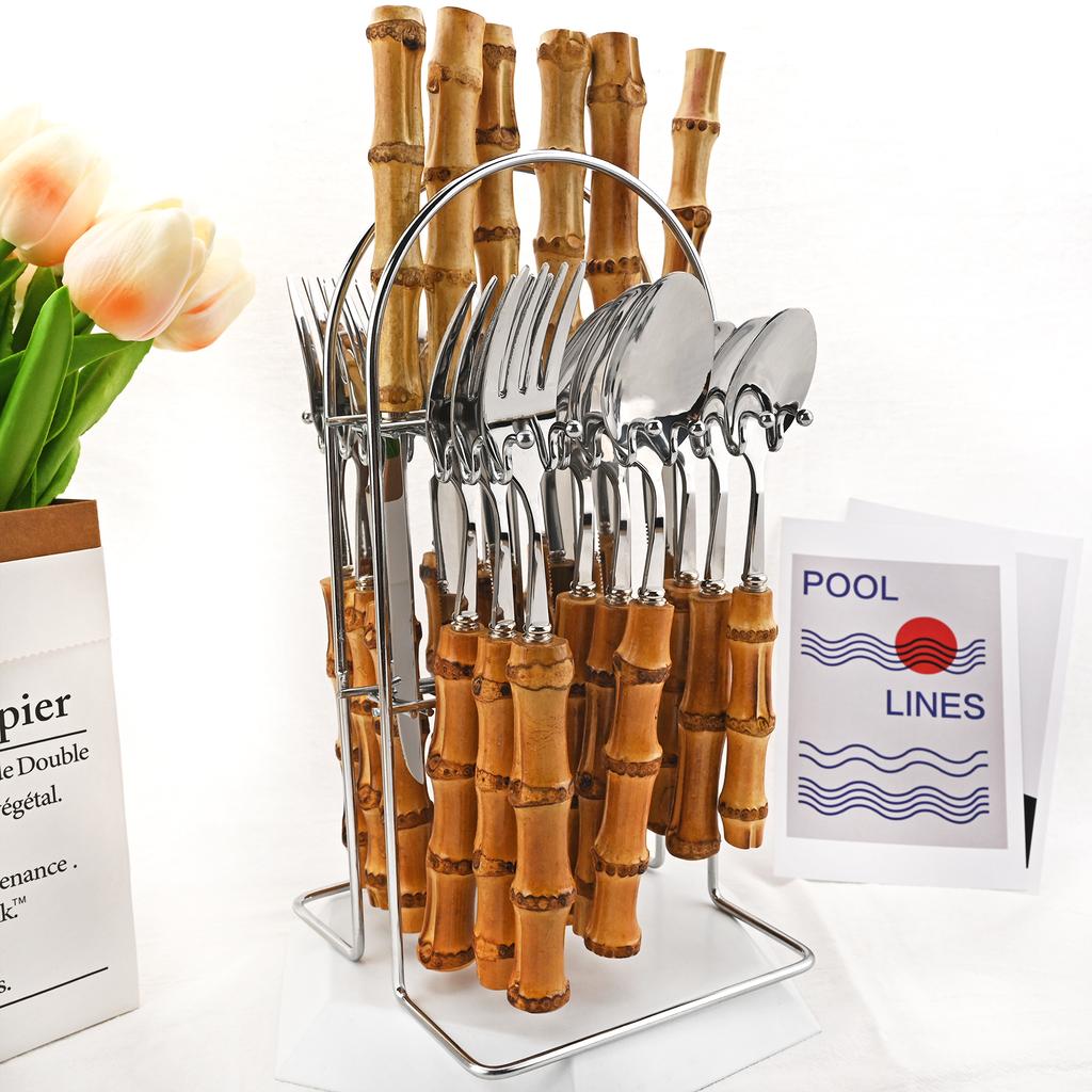 24-teiliges Luxuriöses Bambus-Besteckset - Langlebiges Silbernes Edelstahl-Tafelbesteck mit Besteckhalter, Spiegelpoliert