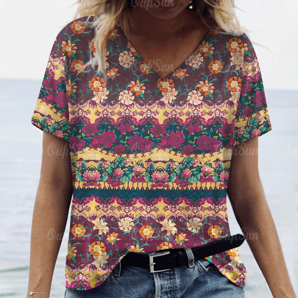 Vintage Damen T-Shirt Ethnischer Blumendruck Übergroße Bluse Damen Trendige Kleidung Mode Kurzarmshirt Damen V-Ausschnitt Hund