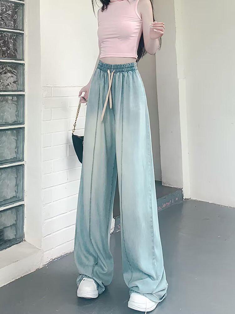 Women's High-Waisted Wide-Leg Ice Silk Jeans: Elastic Waist, Loose Fit, Slimming, Summer-Ready, Floor-Length.