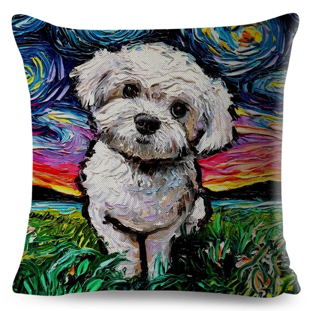 Both Sided Starry Sky Dog Cushion Cover Decor Oil Painting Cartoon Pet Animal Pillow Case for Sofa Home  Linen Pillowcase