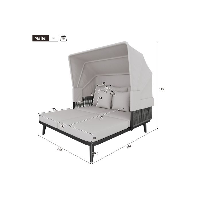 Double Garden Gazebo, Retractable Awning, Galvanized Steel Structure, 10 Cm Thick Cushions, Grey
