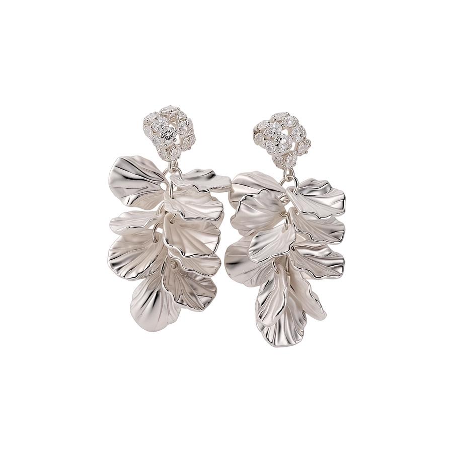 Silver Needle Zircon Pearl Petal Tassel Stud Earrings – Elegant, High-End Fashion Accessories for Women