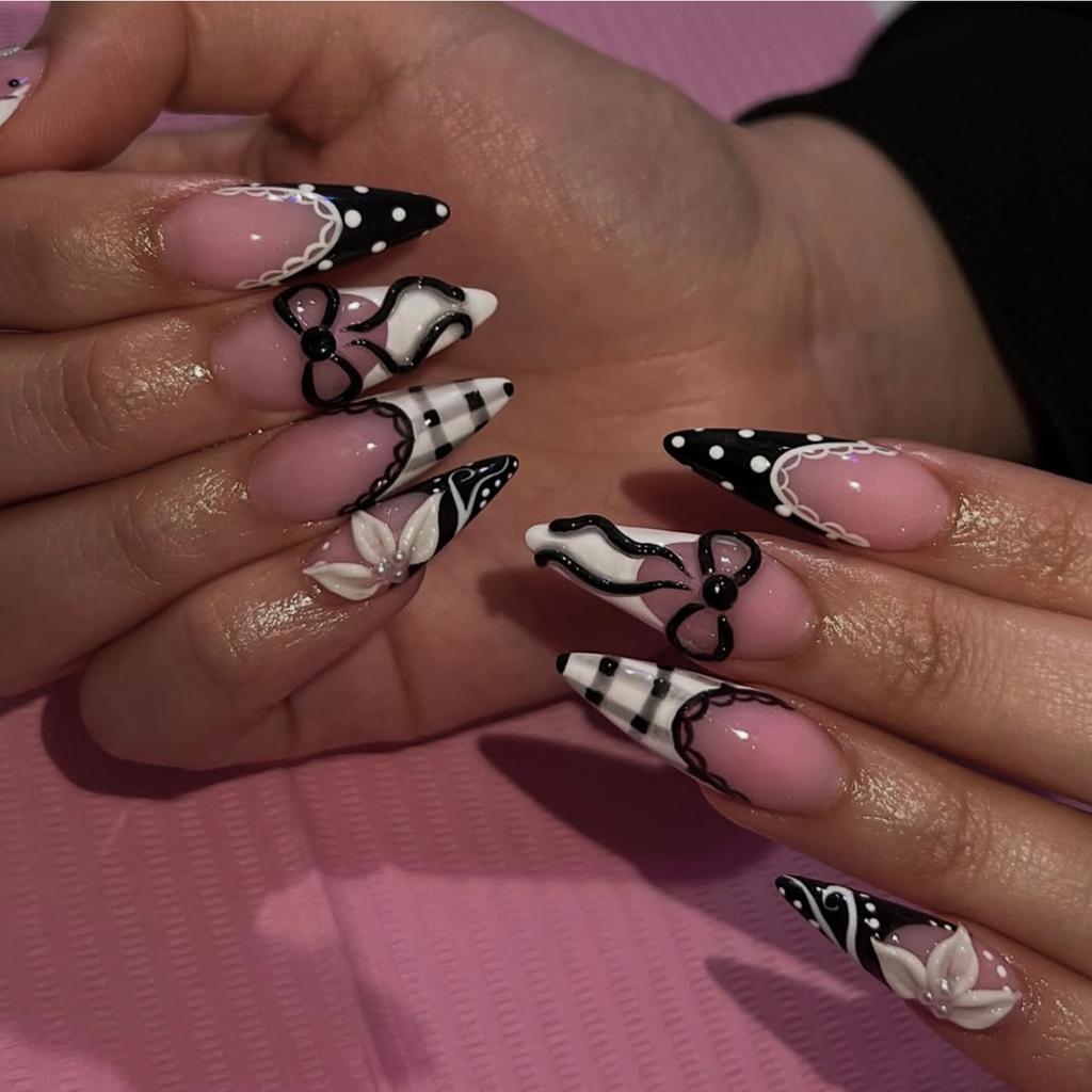 24pcs Glitter Diamond Press On Nails French Pearl False Nails Vintage Sweet Cool Fake Nails Leopard Print Nail Art Almond Nail