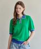 MAXZA Contrast Collar Pearl Button Short Sleeve Knit