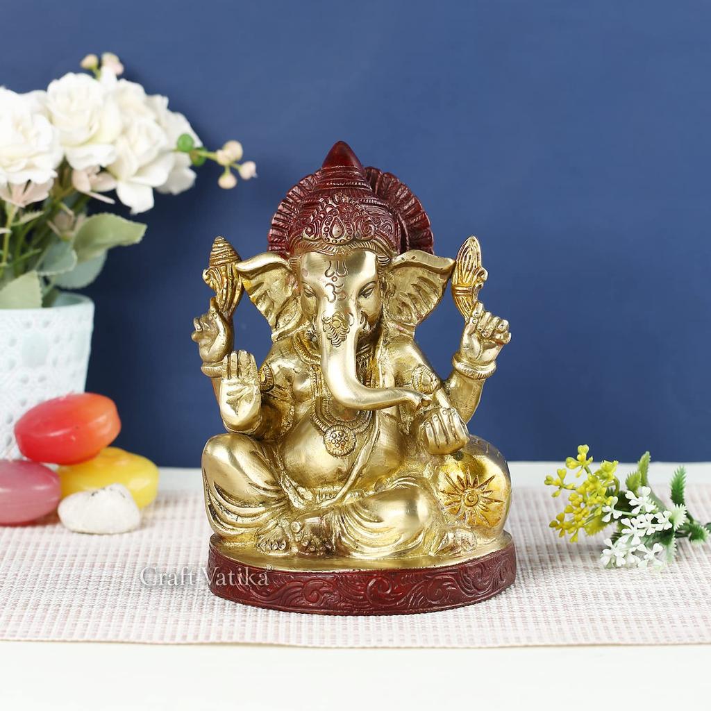 Lord Ganesha Beautiful Brass Idol, Good Luck, God Ganesh Statue, Gold-Brown Idol