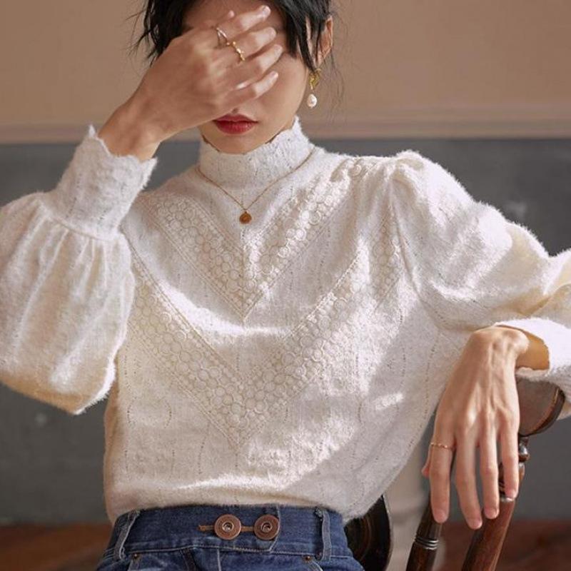Chemisier de style cour française à col semi-haut et base en dentelle brossée pour femmes, haut de superposition intérieure pour l'automne et l'hiver