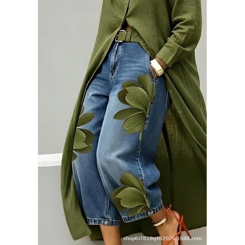 2026 Womens Wide Leg Denim Pants Loose Fit Printed Casual Trousers Mid-Rise Straight Cut