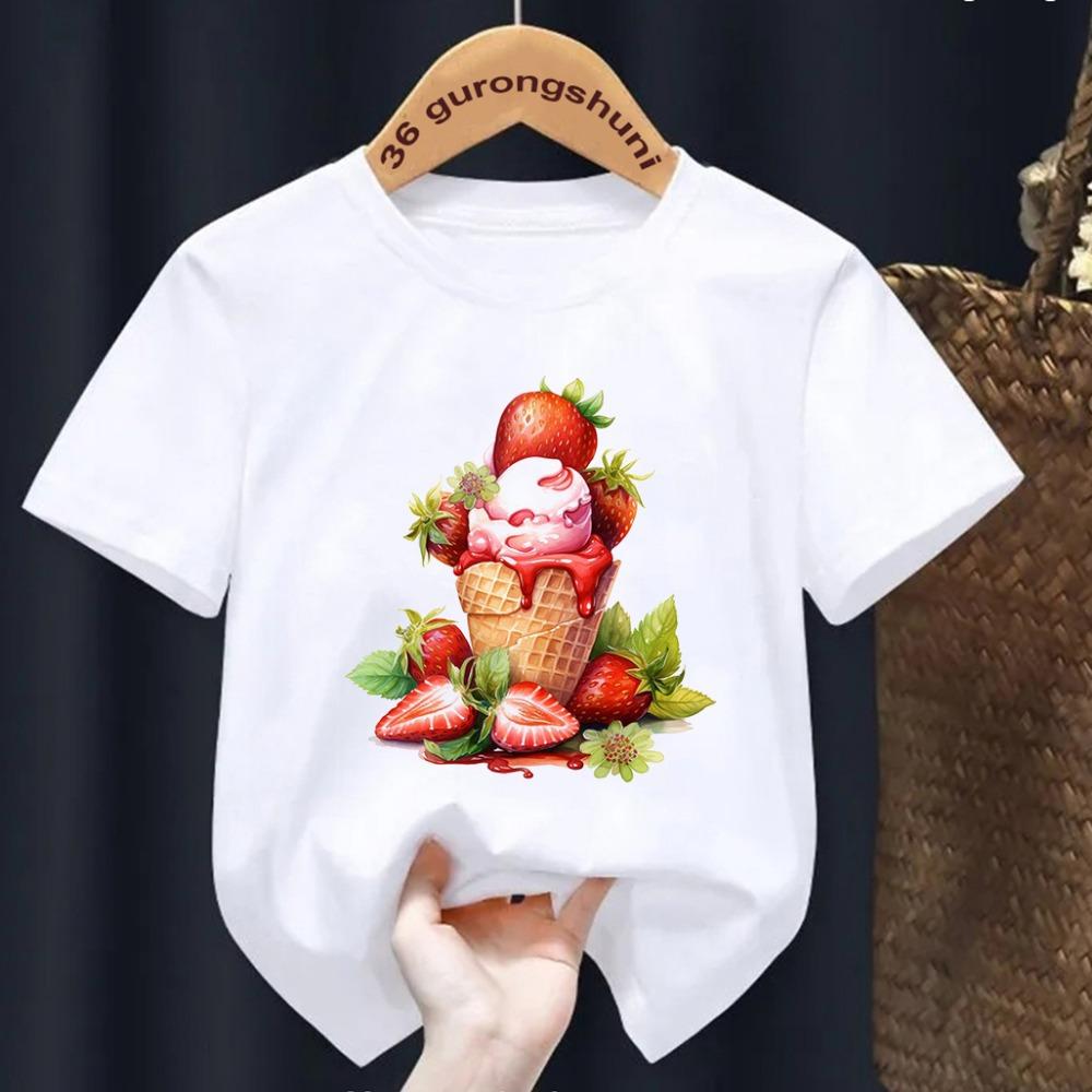 Erdbeerkuchen-Print T-Shirt Kinder Sommermode Kinder Cartoon T-Shirt Rundhals Kurzarm Mädchen T-Shirt Tops 1-14 Jahre