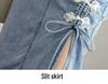 Damen Perlenbesetzter High-Waist Denimrock - Sommer 2025 Schlitz A-Linien-Stil