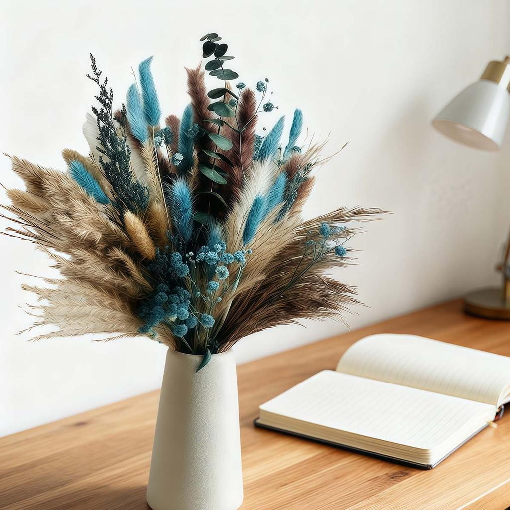 1 Bunches Blue Dried Flowers - 17" Boho Style Artificial Pampas Grass Ideal for Home Decor, Wedding Decor, Bridal Bouquets, Floral Arrangement