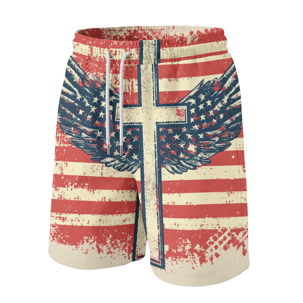 Men's Independence Day Print Drawstring Shorts - Elastic Waist Casual Summer Beach Shorts